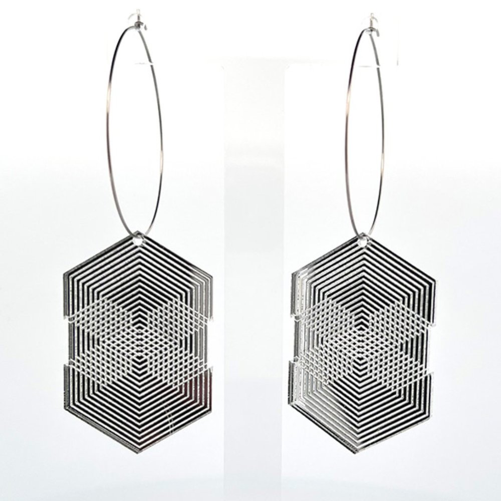 Silver Acrylic Geometric hanging earrings with large rings.